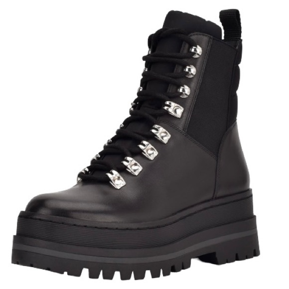 MARC FISHER LTD Plune Lace-Up Lug Sole Heel Leather Boot, Black Leather, Size 8M - Picture 3 of 7